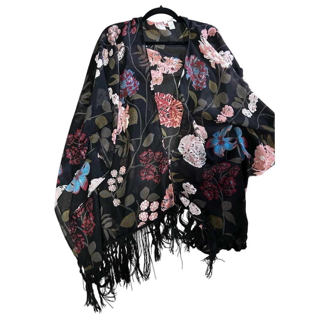 Mudd Women’s Floral Fringe Chiffon Shawl/Wrap Black Multicolor Polyester